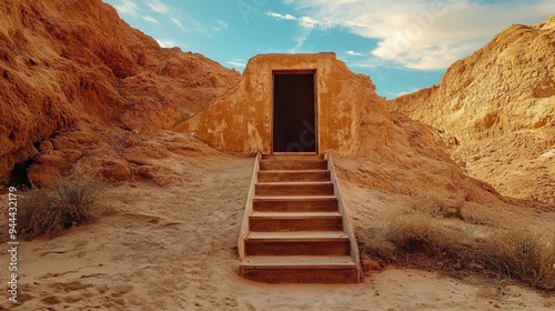 a staircase leading to an open door in the desert