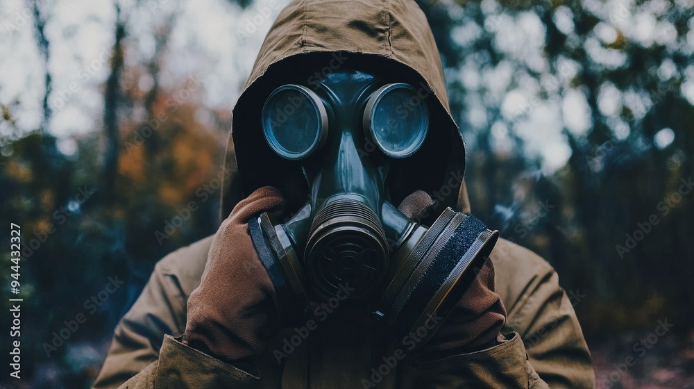 a person wearing a gas mask and holding a gas mask