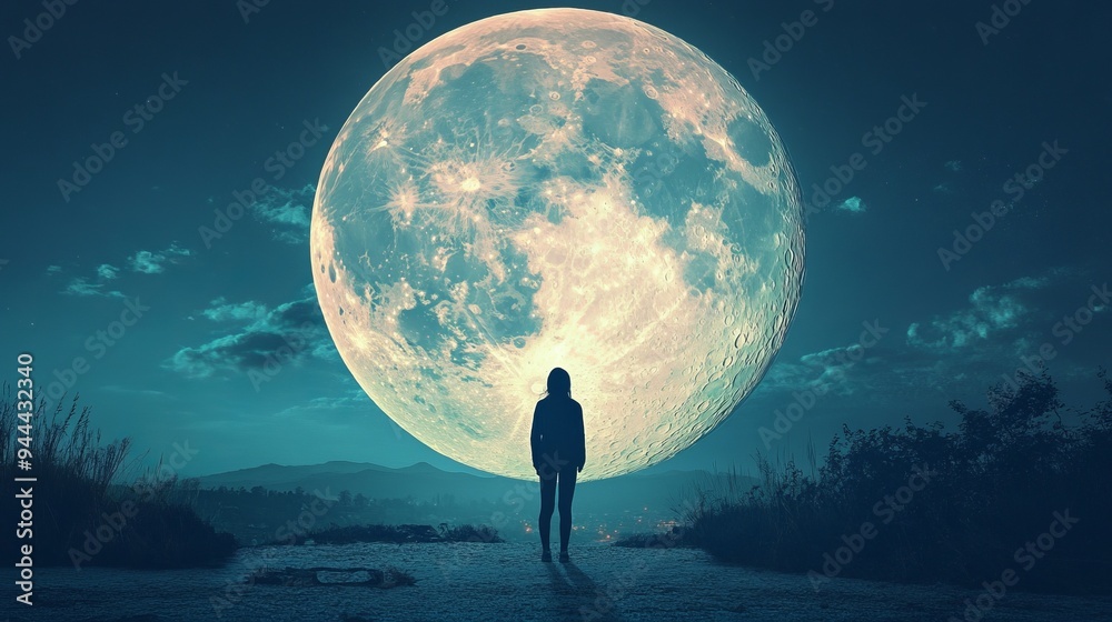 a person standing in front of a large moon a person standing in front of a large moon