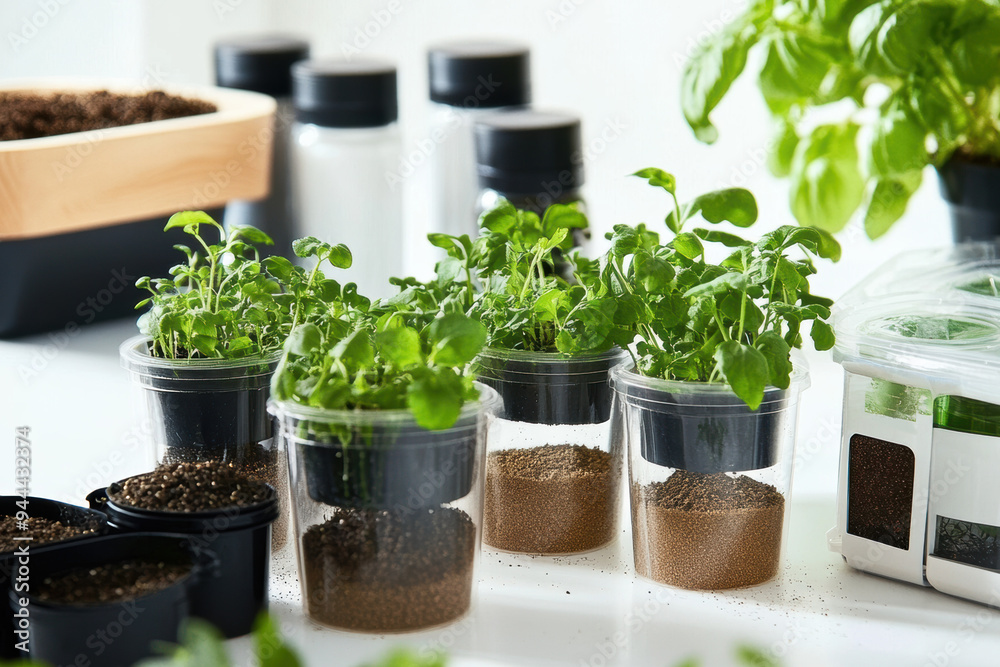 An image of a grow your own kit showing several clear plastic containers with growing plants. An image of a grow your own kit showing several clear plastic containers with growing plants.