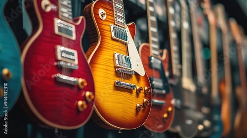 A collection of different types of guitars, displayed on a wall in a music shop.