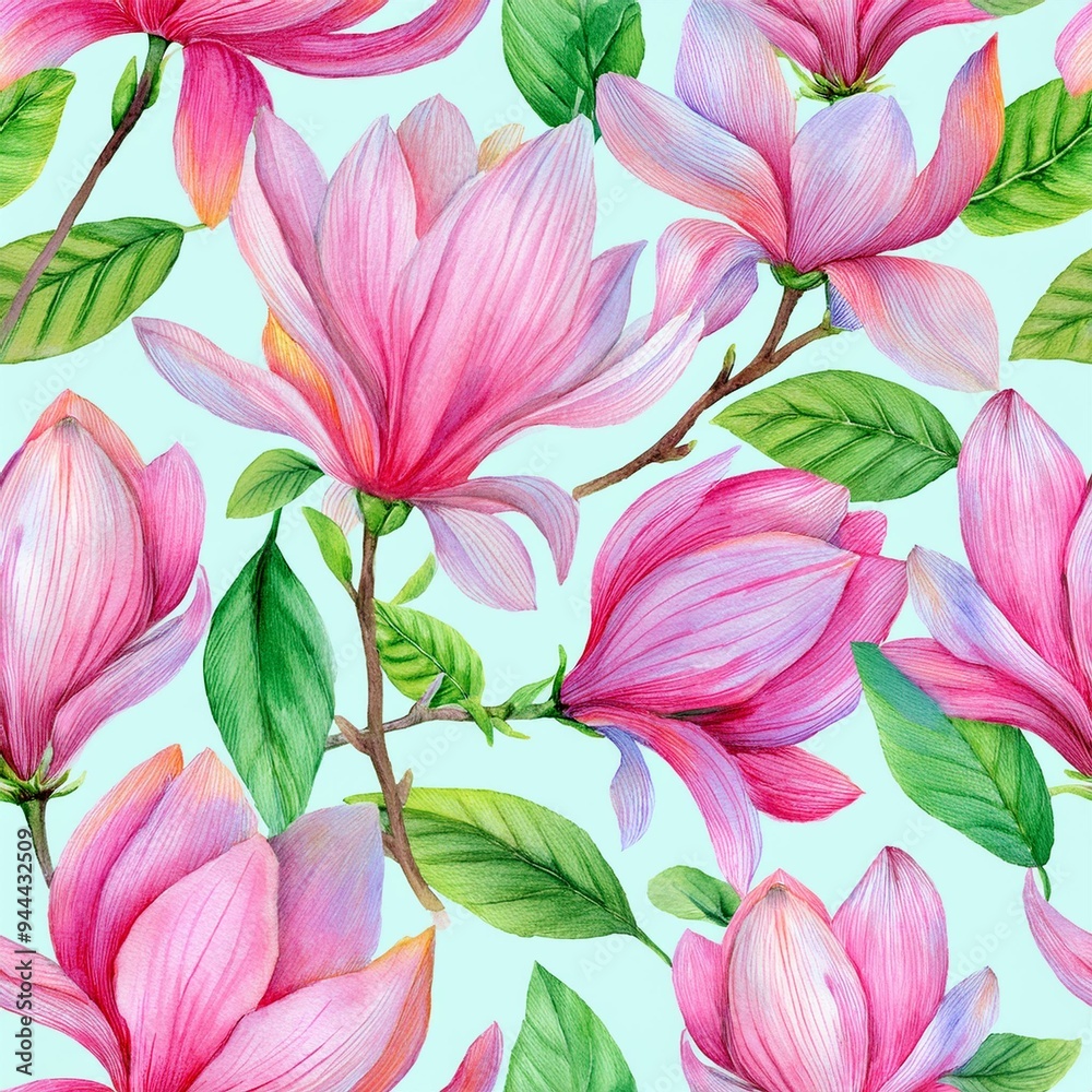 Fototapeta premium Flower Watercolor Seamless Pattern. Hand painted background with Pink Magnolia. Floral illustration for textile design or wallpaper