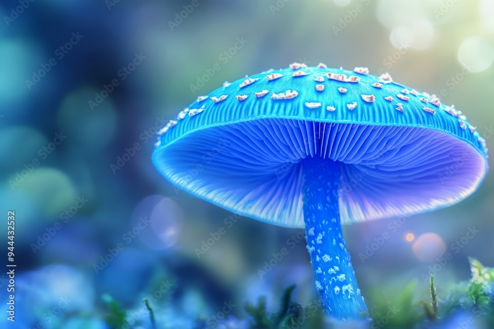 a vibrant, electric blue mushroom cap with tiny, delicate gills and a hazy, out-of-focus background illustration a vibrant, electric blue mushroom cap with tiny, delicate gills and a hazy, out-of-focus background illustration