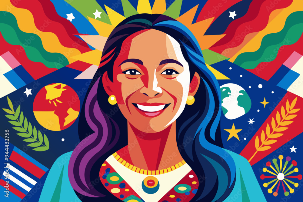 A vivid and artistic portrait of a smiling woman, created with a patchwork of colors and patterns, set against an international flags backdrop, capturing diversity and unity.
A vivid and artistic portrait of a smiling woman, created with a patchwork of colors and patterns, set against an international flags backdrop, capturing diversity and unity.