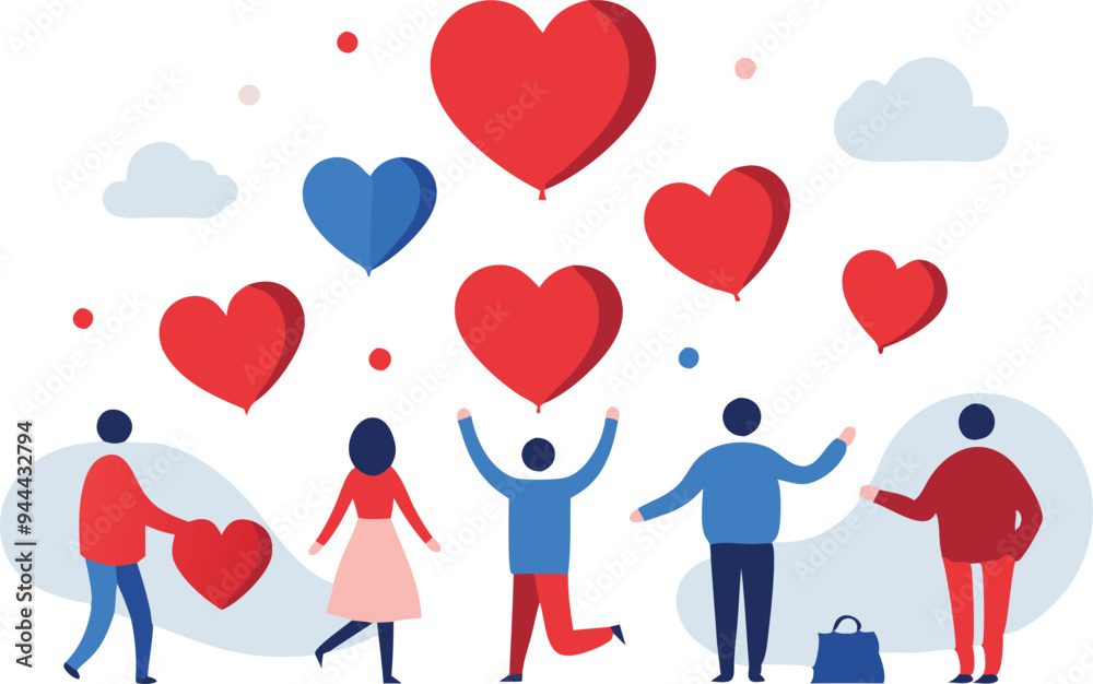 Illustration of people surrounded by floating hearts representing love, joy, and community Illustration of people surrounded by floating hearts representing love, joy, and community