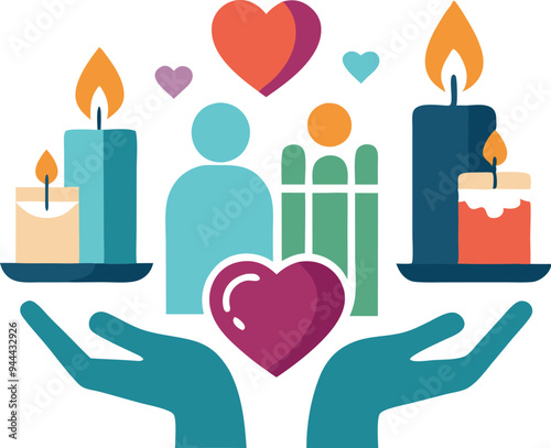 Illustration of hands holding candles and hearts representing care, support, and compassion photo