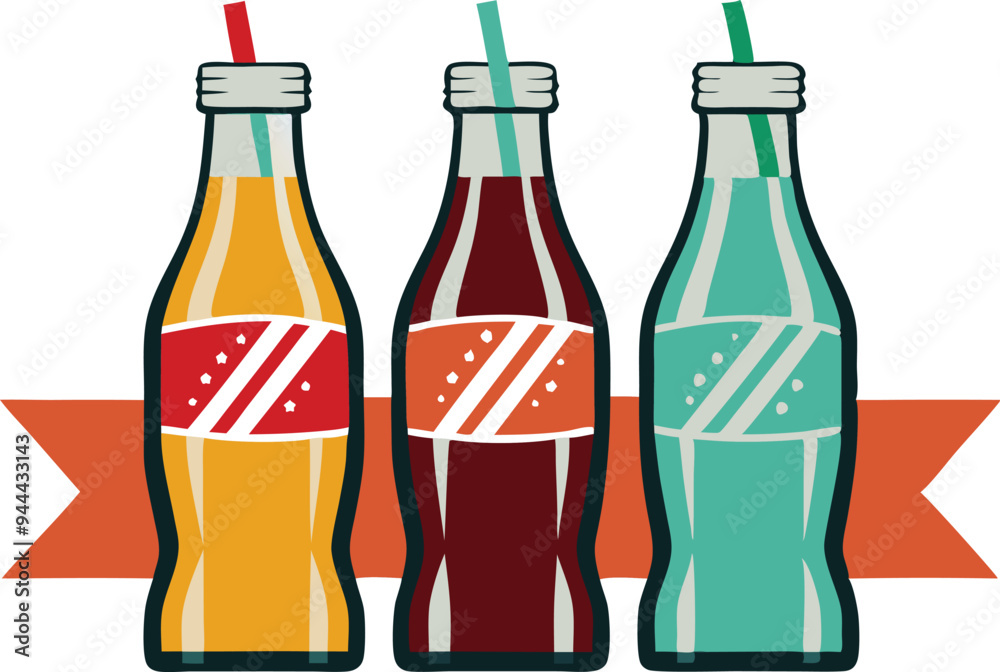Illustration of colorful soda bottles in a row, representing refreshing drinks and retro beverage packaging