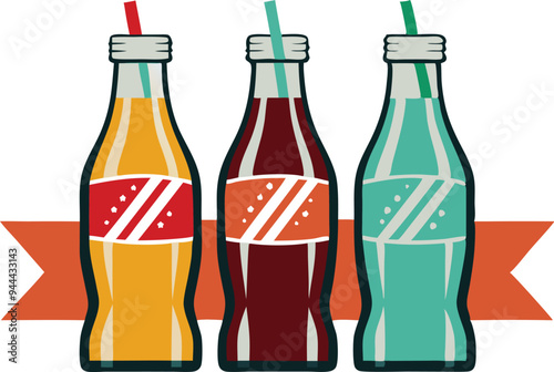 Obraz na płótnie Illustration of colorful soda bottles in a row, representing refreshing drinks and retro beverage packaging w salonie