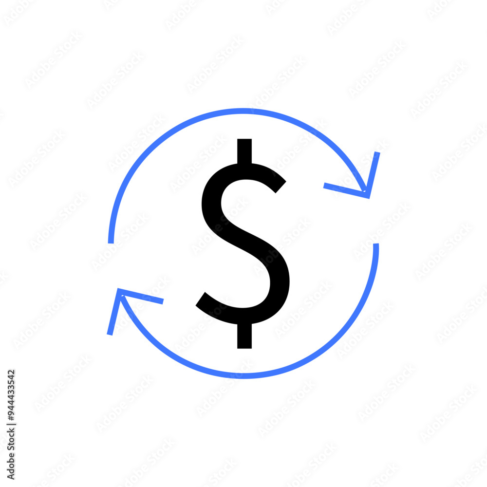 Black dollar sign with blue circular arrows, representing financial transactions, currency exchange, and money flow concepts. Black dollar sign with blue circular arrows, representing financial transactions, currency exchange, and money flow concepts.