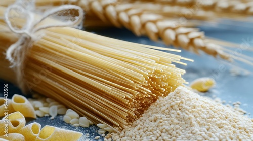 Unprocessed Italian pasta and durum wheat grains from organic farms. photo