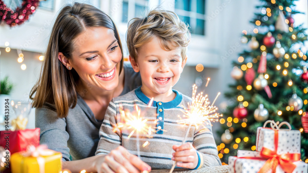happy mother and son with sparklers and presents at christmas time happy mother and son with sparklers and presents at christmas time
