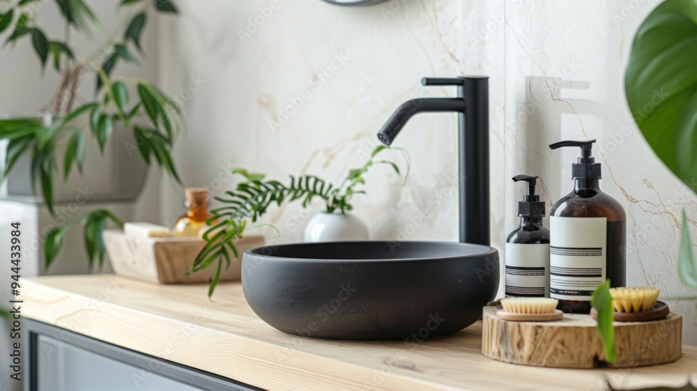 Fototapeta premium modern bathroom featuring a sleek black sink, natural wood accents, and green plants,