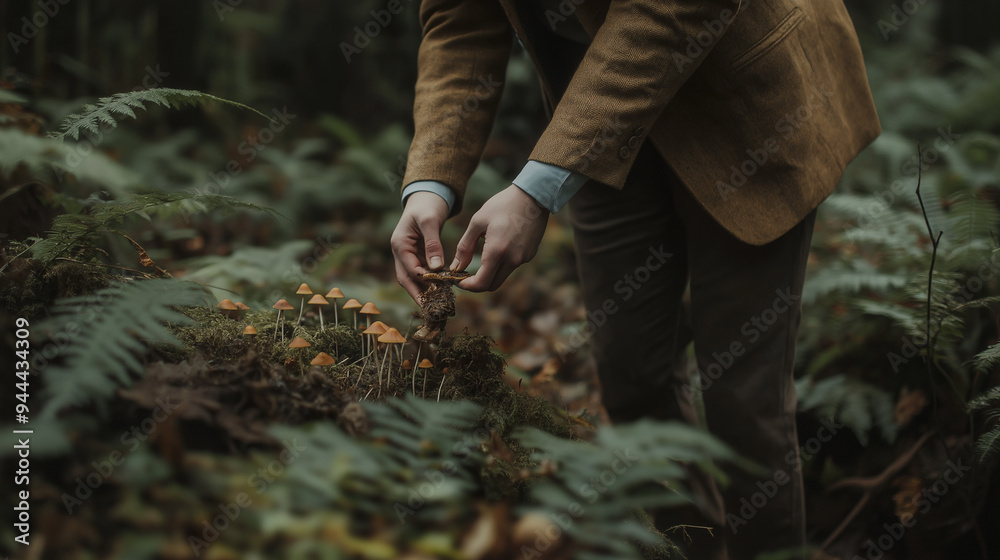 Person Foraging Mushrooms in a Forest, Close-Up Hands Gathering Fungi Person Foraging Mushrooms in a Forest, Close-Up Hands Gathering Fungi