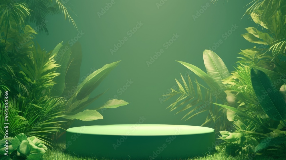  Green Background Podium Product Platform for Nature and Beauty Cosmetics Stage Scene, Minimalist Design with Copy Space