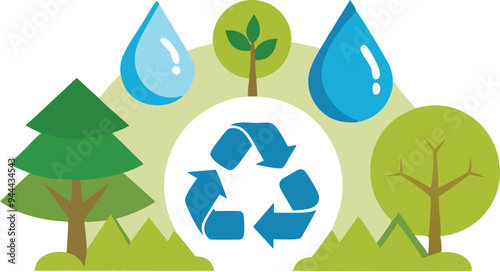 Illustration of trees, water droplets, and a recycling symbol representing ecofriendliness and sustainability photo