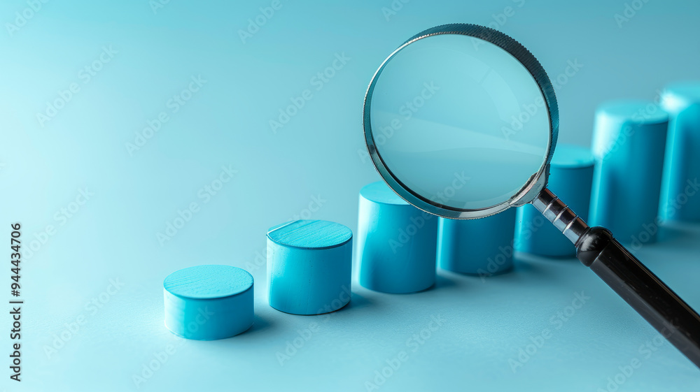 Magnifying glass examining blue chart of ascending cylinders. Magnifying glass examining blue chart of ascending cylinders.