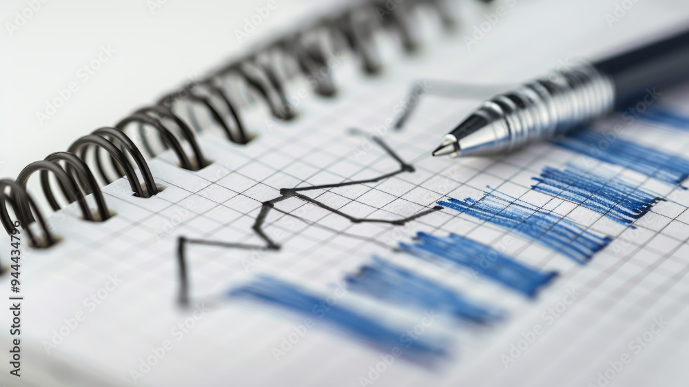 Pen and notebook with graph showing trend analysis and statistics. Pen and notebook with graph showing trend analysis and statistics.