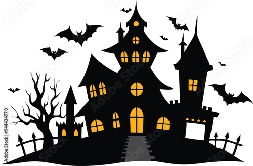 Illustration of a spooky haunted house with bats and full moon symbolizing Halloween and horror themes photo