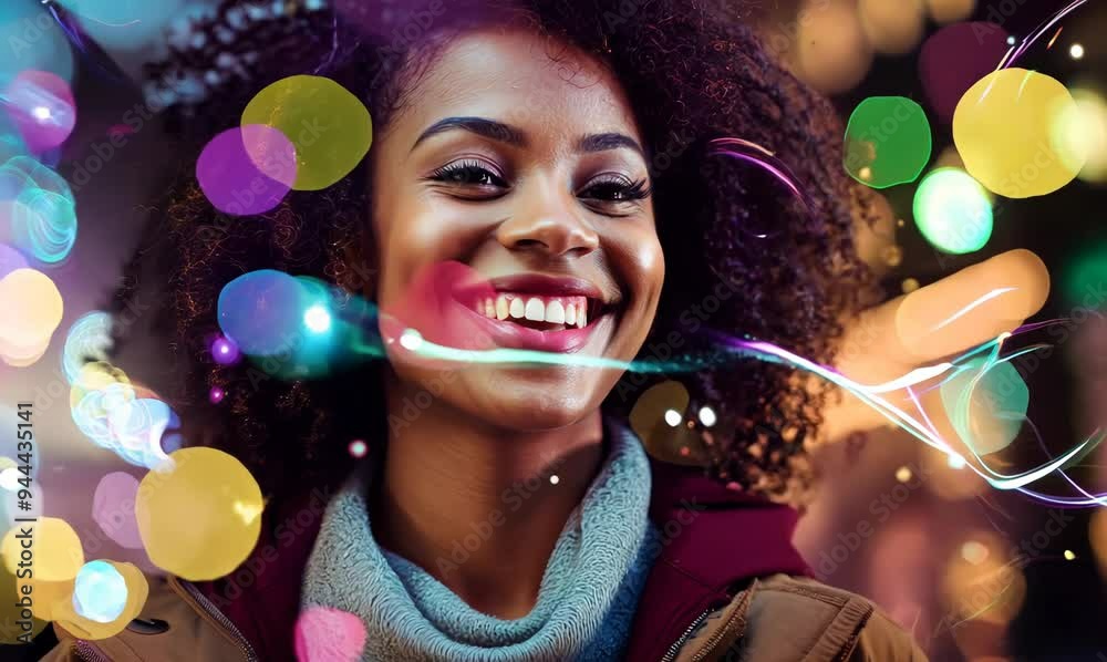 Portrait of a beautiful young african american woman with curly hair and glowing lights on the background of the night city Portrait of a beautiful young african american woman with curly hair and glowing lights on the background of the night city