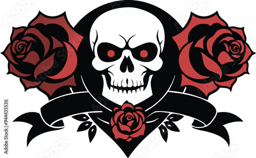 Skull with roses and ribbon banner symbolizing a gothic or dark romantic theme photo
