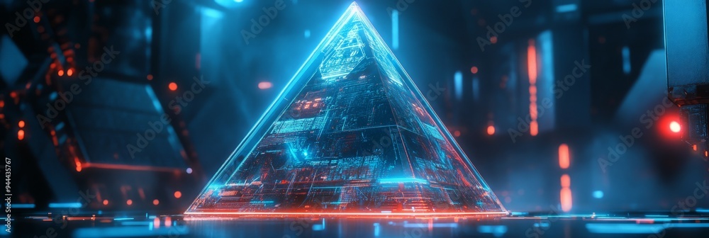 Obraz premium A futuristic glowing pyramid structure in a high-tech digital environment at night