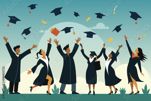 Silhouettes of graduates in gowns and caps joyfully celebrating their achievement by tossing graduation hats into the air symbolizing success and accomplishment
