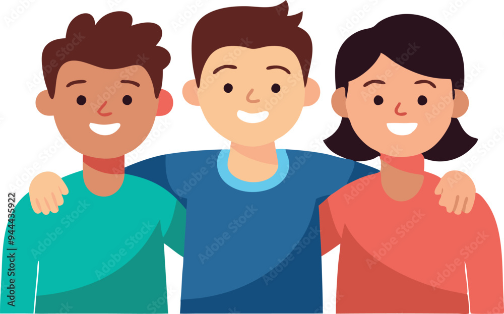 Illustration of friends smiling and standing together symbolizing happiness, unity, and friendship Illustration of friends smiling and standing together symbolizing happiness, unity, and friendship