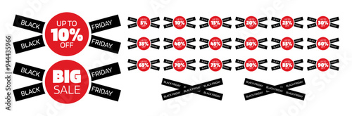 Set of discount labels for Black Friday. Discounts go up to 90%. Red circle with the discount, behind it two black stripes with the word Black Friday written on it. Label with the word Big Sale.