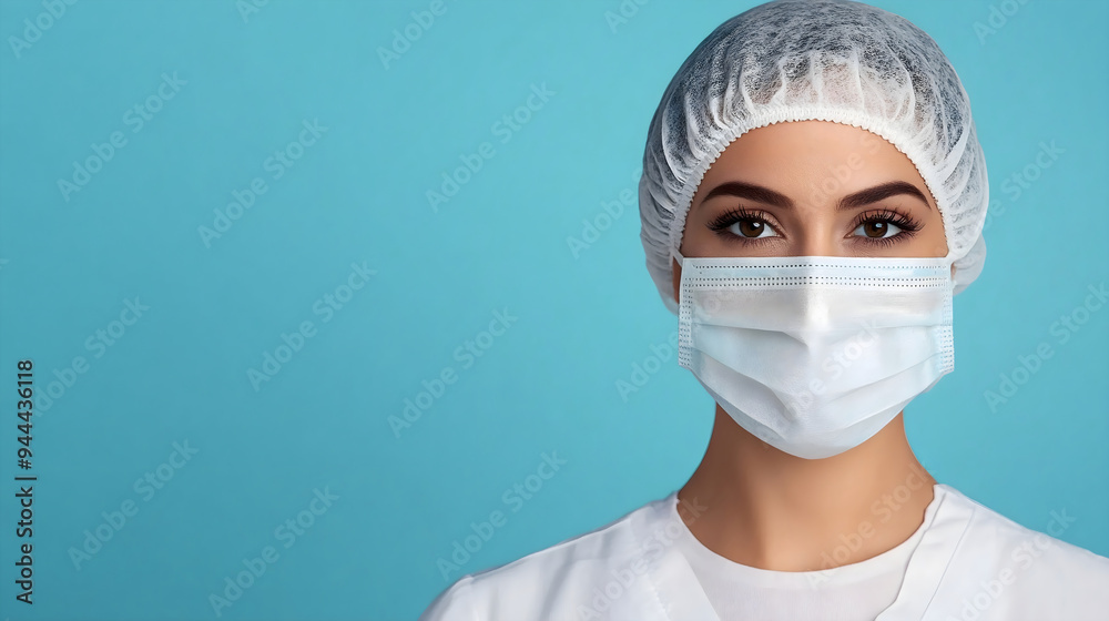 Female nurse or doctor wear protective mask and hair cover on a blue background. Healthcare professional concept for medical service. Medical concept for hospital safety, patient care and surgery. Female nurse or doctor wear protective mask and hair cover on a blue background. Healthcare professional concept for medical service. Medical concept for hospital safety, patient care and surgery.
