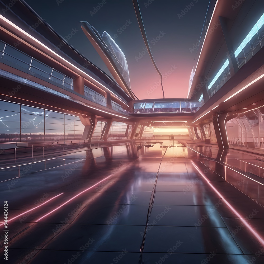 Attractive futuristic Airport with neon lit runways and modern animation type advance technology, futuristic airport with advanced technology and sleek