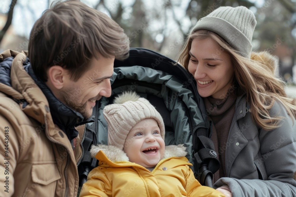 Smiling baby in stroller with joyful parents on park walk - Family lifestyle Smiling baby in stroller with joyful parents on park walk - Family lifestyle