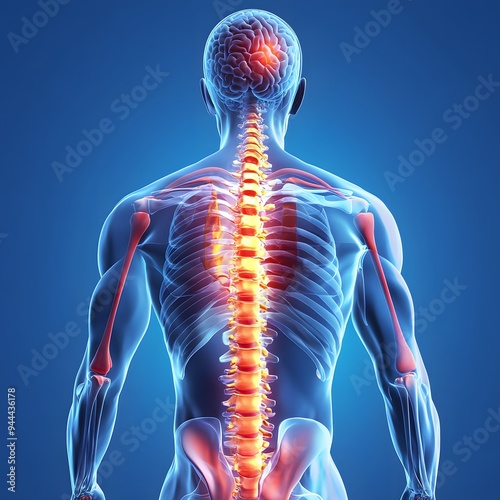 A detailed 3D illustration showing the human spine and brain, highlighting the central nervous system for educational and medical purposes.