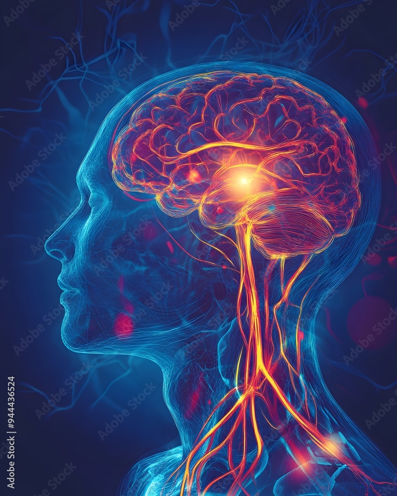 Colorful 3D rendering of the human brain and nervous system, highlighting neural connections and pathways, symbolizing intelligence and medical science.