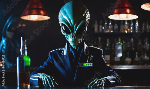 An alien sits at a bar, looking serious and holding a glass of what appears to be alcohol photo