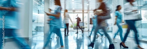 Healthcare professionals rushing through hospital corridor, blurred motion photo