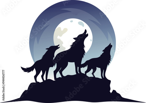 Dark silhouette of three wolves howling at a full moon in a cartoon night scene, evoking a sense of wilderness.