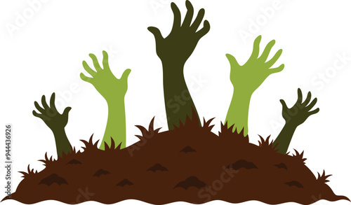 Halloweenthemed illustration of zombie hands reaching out of the ground, conveying an eerie and spooky vibe.