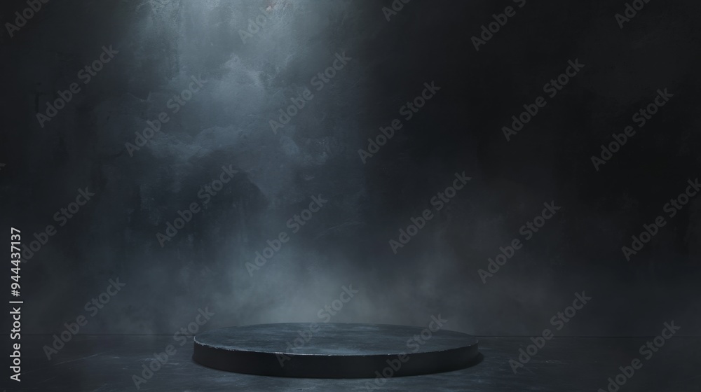 Podium with Black Dark Smoke Background, Product Platform with Abstract Stage Texture, Fog and Spotlight, Dramatic Empty Night Room with Concrete Wall, Smoky Dust Podium with Black Dark Smoke Background, Product Platform with Abstract Stage Texture, Fog and Spotlight, Dramatic Empty Night Room with Concrete Wall, Smoky Dust
