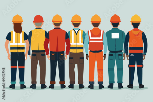 Sixteen construction workers are depicted from the rear view, highlighting their diverse professional work attire and gear, emphasizing the back details of their uniforms and safety equipment.
