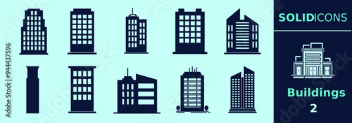 Buildings SOLID icon set for presentation, explanation, white board. Building silhouettes of flats, offices, commercials and many more. Change to any size and any colour. Editable outline.