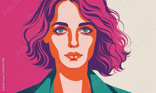 A woman with pink hair and blue eyes looks directly at the viewer in this digital art illustration