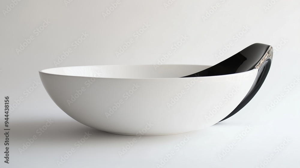 a white bowl with a black handle a white bowl with a black handle