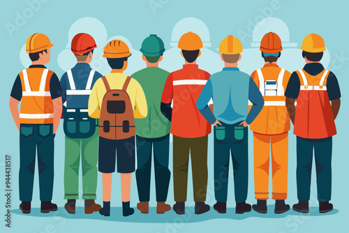Sixteen construction workers are depicted from the rear view, highlighting their diverse professional work attire and gear, emphasizing the back details of their uniforms and safety equipment.
