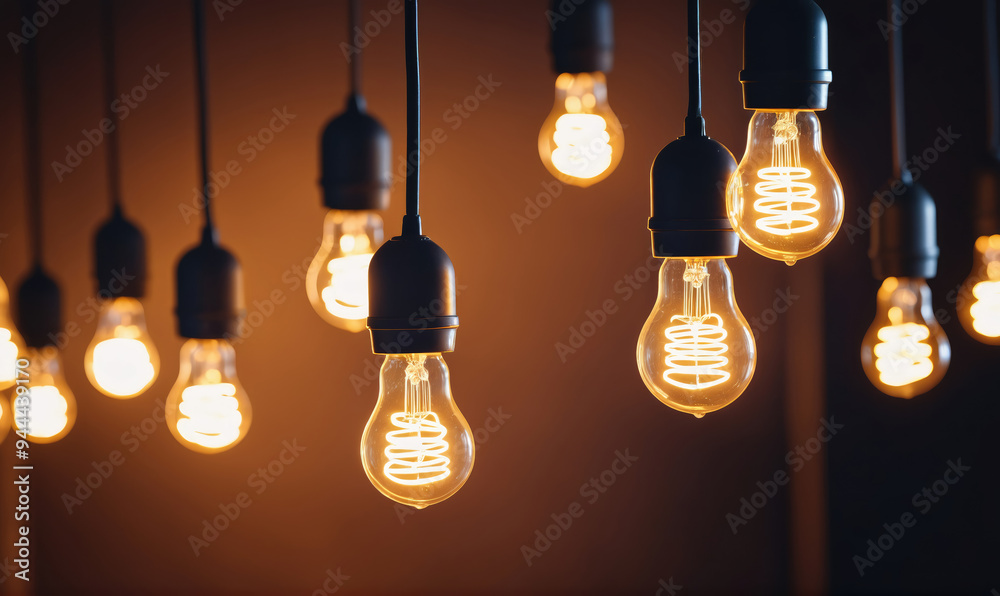 Several Edison bulbs hang from a dark ceiling, casting a warm glow on the surrounding area Several Edison bulbs hang from a dark ceiling, casting a warm glow on the surrounding area