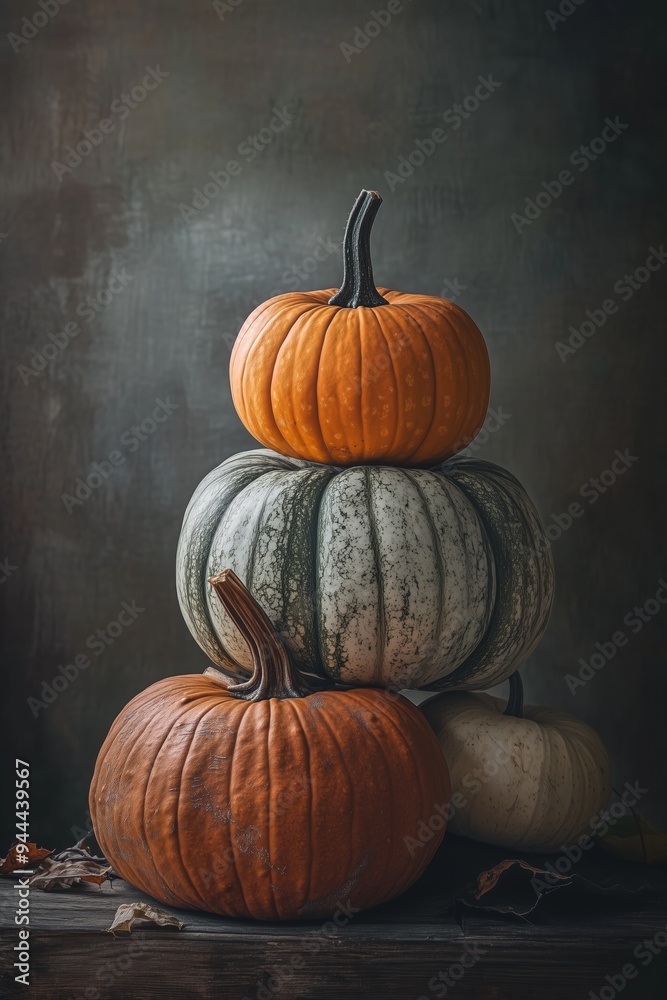 A beautiful arrangement of autumn pumpkins stacked artistically on a wooden surface against a dark background in fall A beautiful arrangement of autumn pumpkins stacked artistically on a wooden surface against a dark background in fall