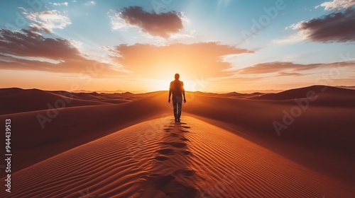 a person is walking in the desert at sunset