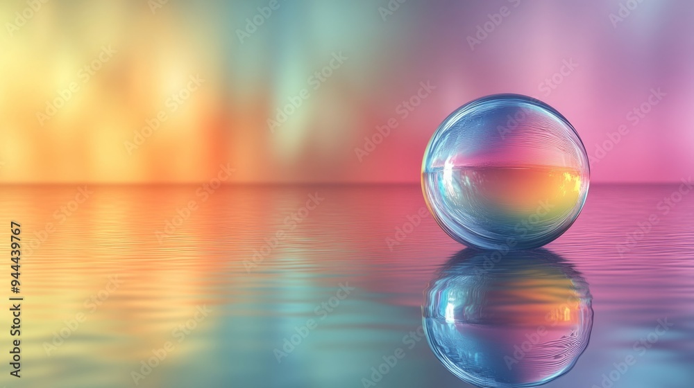 Colorful iridescent bubble reflects vibrant hues on a calm, reflective surface at sunset Colorful iridescent bubble reflects vibrant hues on a calm, reflective surface at sunset