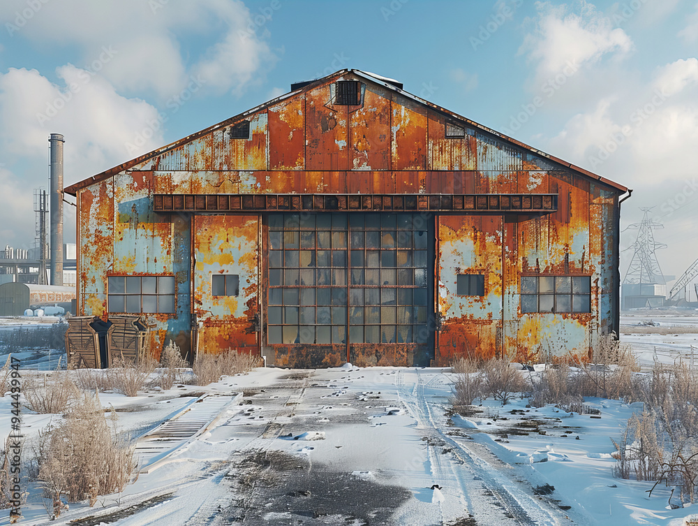 Weathered rusted orange warehouse in snowy industrial area showcasing aged charm amidst frost and wintery backdrop Weathered rusted orange warehouse in snowy industrial area showcasing aged charm amidst frost and wintery backdrop