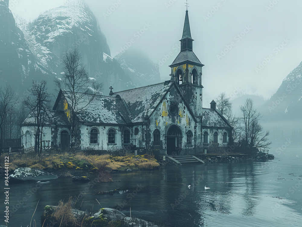 Obraz premium Hauntingly beautiful abandoned church amidst a misty mountain lake, Gothic architecture in monochrome tones with eerie, mysterious atmosphere