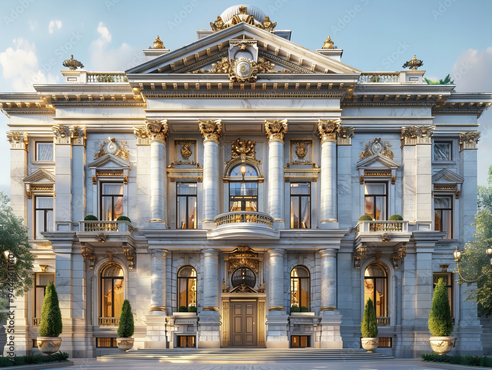 Obraz premium Classical Grandeur of Historic Mansion with Ornate Architecture, Luxurious Detailing, Elegant Marble Facade, Majestic Columns, and Timeless Sophistication